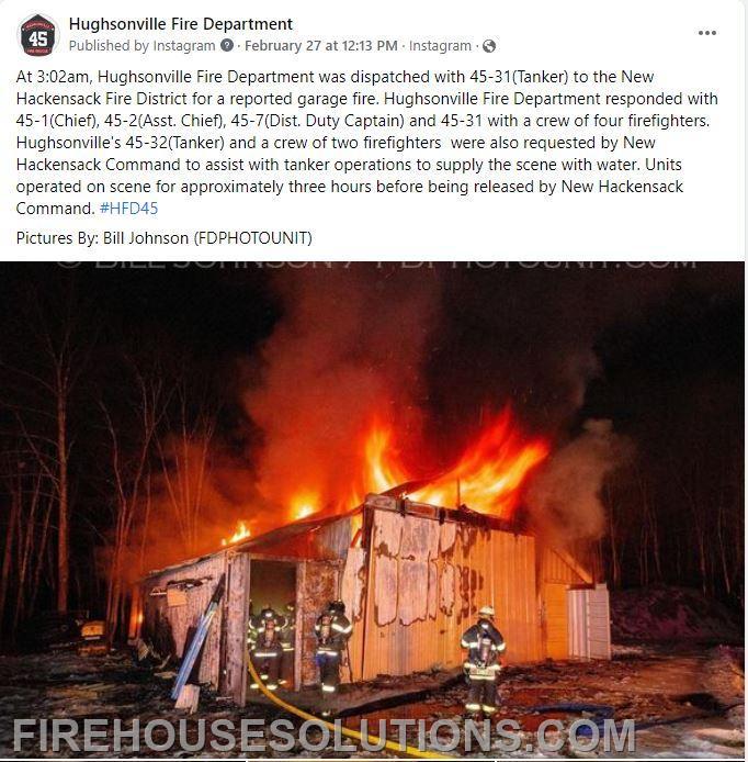 At 3:02am, Hughsonville Fire Department was dispatched with 45-31(Tanker) to the New Hackensack Fire District for a reported garage fire. Hughsonville Fire Department responded with 45-1(Chief), 45-2(Asst. Chief), 45-7(Dist. Duty Captain) and 45-31 with a crew of four firefighters. Hughsonville's 45-32(Tanker) and a crew of two firefighters  were also requested by New Hackensack Command to assist with tanker operations to supply the scene with water. Units operated on scene for approximately three hours before being released by New Hackensack Command. #HFD45 
Pictures By: Bill Johnson (FDPHOTOUNIT)
