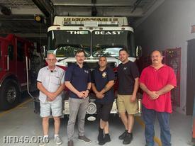 Left to Right: Past VP John Lorenzini, Firefighter Alex Lorenzini, Lieutenant Trevor Dhalla, Chief Justin Jerrick, and Past Chief Bruce Flower 